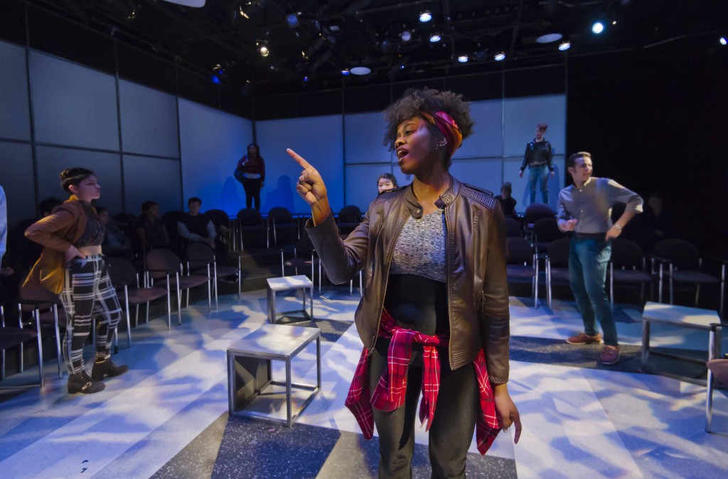 2/9/16 Boston Center for American Performance and New Repertory Theatre present BALTIMORE, A BU New Play Initiative Production by Kirsten Greenidge - Directed by Elaine Vaan Hogue - After she’s dismissed from her job in the athletics department, Shelby Wilson becomes Resident Advisor to a group of freshmen—after all, it’ll look good on her resume. She soon discovers that a racially charged incident has set student against student, and it’s up to her to mediate the situation. In this world premiere production, playwright Kirsten Greenidge explores the complexities of racism from the perspective of eight culturally diverse college students. Boston University Theatre, 264 Huntington Ave. (Lane-Comley Studio 210) 2016-02-09-BALTIMORE_033.nef - Photograph By Kalman Zabarsky