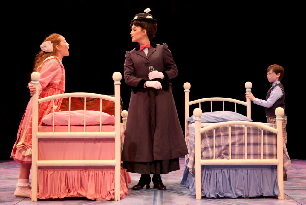 Kerry Conte (Mary Poppins) with Scarlett Keene-Connole (Jane Banks) and Jake Ryan Flynn (Michael Banks), Photo © Paul Lyden.