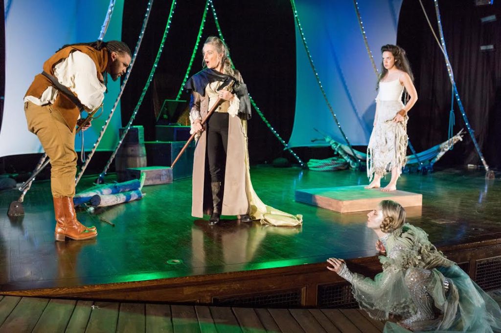 Kai Tshikosi (Ferdinand), Marya Lowry (Prospero), Lydia Barnett-Mulligan (Miranda), and Samantha Richert (Ariel)